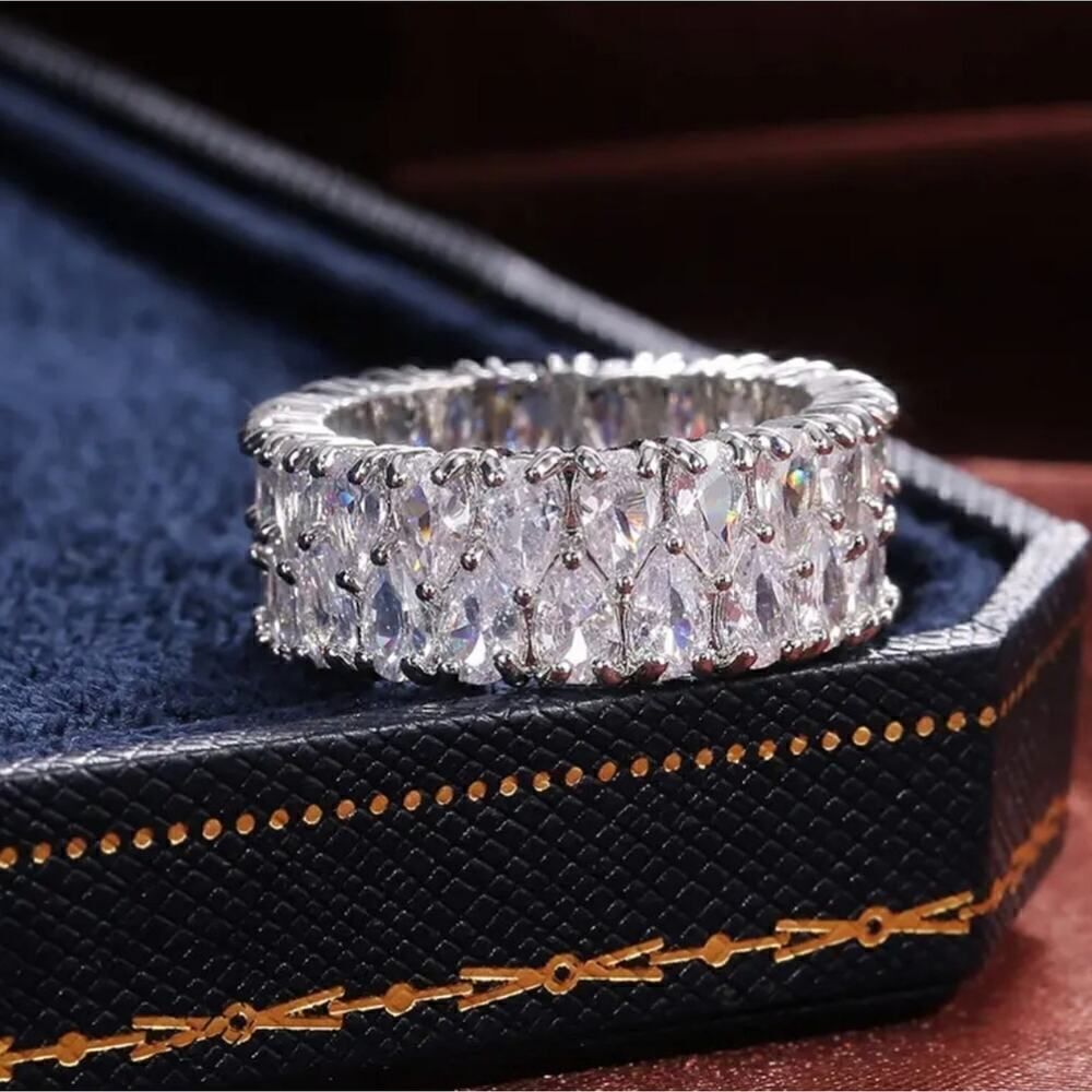 High-end double water drop shape zircon ring, stainless steel band